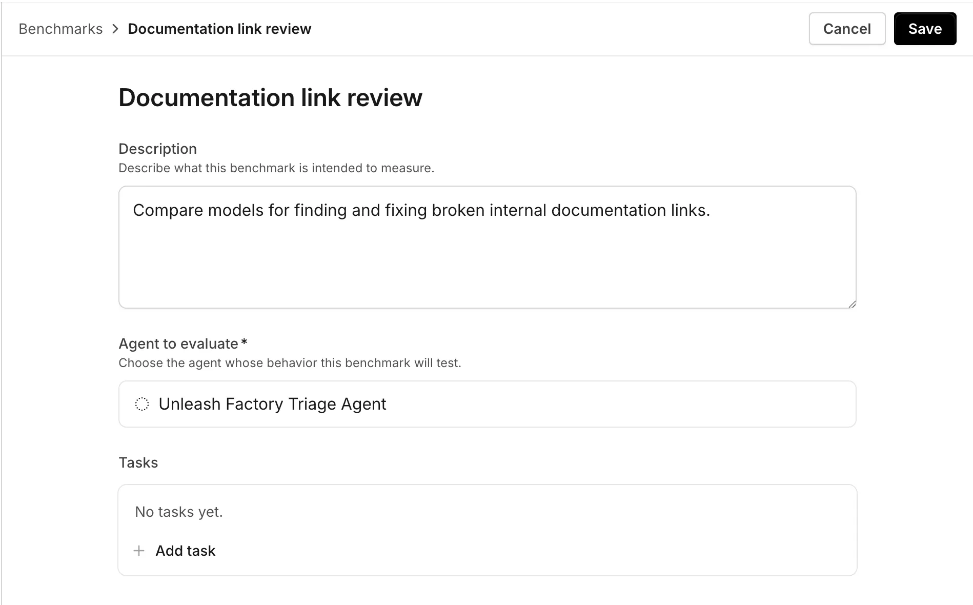 The benchmark editor showing a documentation-link review suite, a selected triage agent, and the Add task action.